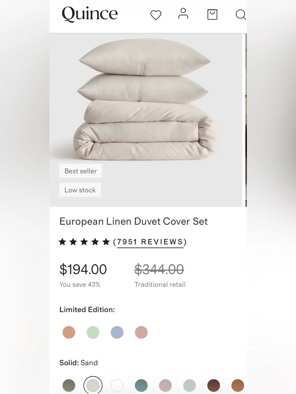 NWOT Quince European Linen 3 Piece Duvet Cover Set, Full/Queen (Sand)